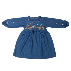 Girls Embroidered Denim Frock - Blue - Product Image 3