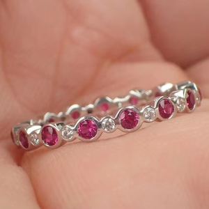Solid 925 Sterling <b>Silver</b> Alternating Ruby and Lab Created Diamond <b>Eternity</b> Band <b>Ring</b> Keepsake Breastmilk Jewelry Findings - Product Image 1
