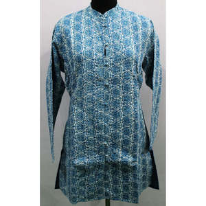 Women's Blue <b>Kantha</b> Stitch Cotton <b>Jacket</b> Printed Reversible Bomber Patchwork Decoration Lightweight Breathable for Summer Wear - Product Image 1