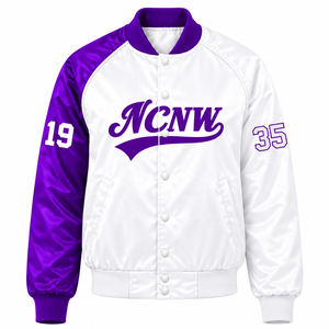 Veste universitaire en satin contrastant violet et blanc pour femmes de la sororité NCVW, avec boutons-pression sur le devant, col et poignets en tricot côtelé, style universitaire - Product Image 3