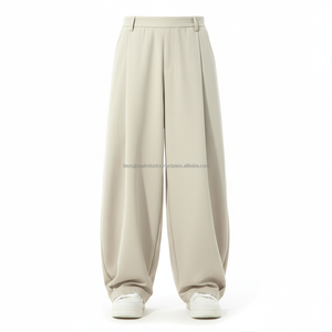 High Quality Customizable Men's Canvas Wide Leg <b>Trousers</b> Streetwear Loose Fit Lightweight <b>Elastic</b> Waist Pleated Casual Summer - Product Image 1