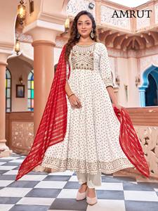 Ropa étnica de rayón con bordado de lentejuelas Kurti Pant y Dupatta Mujer Fabricante de moda de Surat a la tarifa más baja - Product Image 3