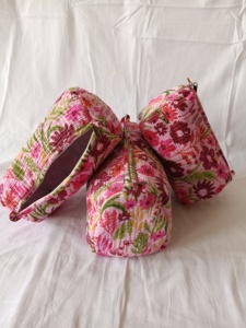 Indian Lotus Hand Block Printed Cotton <b>Quilted</b> Zipper Pouch Eco-Friendly Traveling <b>Makeup</b> <b>Bag</b> with Portable Capacity for Women - Product Image 5