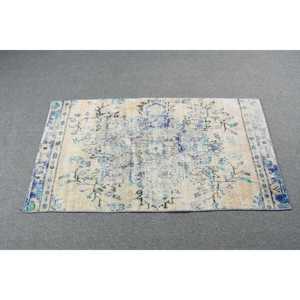 Alfombra Turca de 2.3x4.3 pies, Alfombra Vintage de Lana Sólida Azul y Blanca - Product Image 3