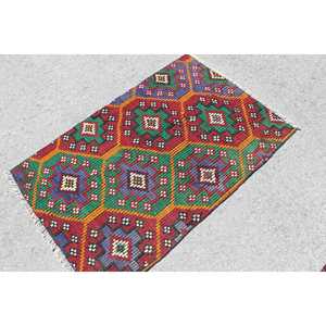Tapis turc, petit tapis vintage 2,9x4,4 pieds, tapis marocain rouge et bleu Kilim - Product Image 2
