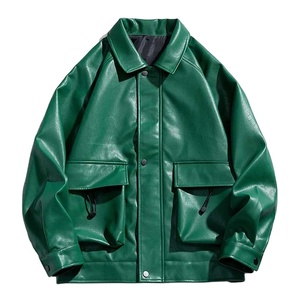 Automne nouveaux hommes fermeture éclair solide veste en cuir PU manteau de Streetwear surdimensionné avec tissu de toile de Style Hip Hop - Product Image 1