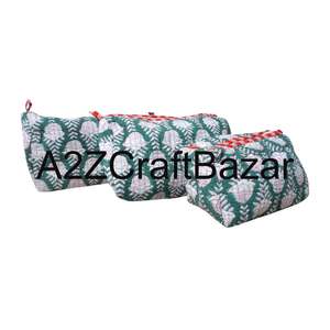 Indian Quilted Eco-Friendly Reusable Zipper Closure Cotton Cosmetic <b>Case</b> Soft Handle Large Capacity <b>Makeup</b> Pouch Women's <b>Travel</b> - Product Image 3