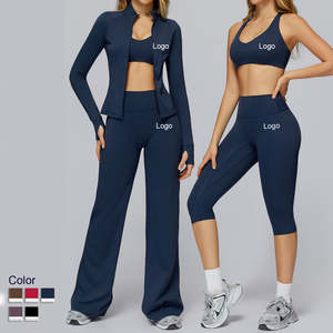 Ensemble de vêtements de sport trois pièces pour femmes, tenue de yoga et de fitness, soutien-gorge de sport, veste à manches longues et pantalon/short taille haute - Product Image 1