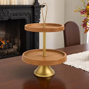 Handcrafted 2-Tier Acacia Wood Cake <b>Stand</b> with Gold Metal Base for <b>Cupcake</b> & Dessert Display Tray Premium Cake Tools - Product Image 2