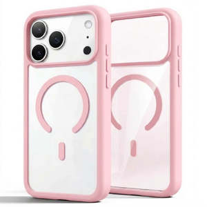Custodia Ibrida Trasparente per iPhone 15 Pro Max 6.7 con Anello Magnetico e Bordo Rosa (Confezione Retail) - Product Image 1