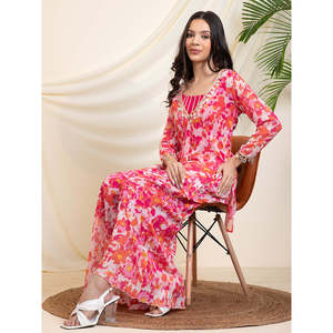 Deebaco Ensemble coordonné ethnique en mousseline pour femme, tunique longue florale avec crop top et pantalon palazzo, tenue de soirée estivale - Product Image 1