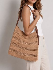 Women Knit Shoulder <b>Bag</b> with <b>Leather</b> Strap Casual Elegant Knitted Tote <b>Bag</b> Fashion Crochet Handbag - Product Image 1