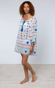 Túnica corta de playa con bordado blanco y azul bohemio de inspiración mexicana de talla grande Natural para vacaciones de verano brillantes - Product Image 6