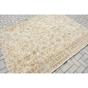 Tapis Turc Vintage Classique Beige Bleu 6.1X7.6 pieds Fait à la Main de Haute Qualité Laine Peluche Pile Rectangulaire Patchwork Abstrait Latex - Product Image 2