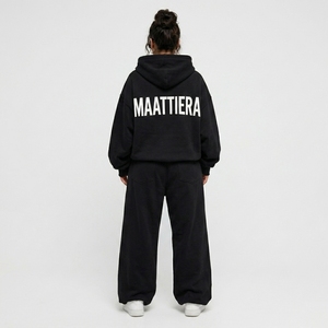 <b>Womens</b> Black Fleece Hoodie Tracksuit Set Pullover Sweatshirt Wide Leg Pants <b>White</b> Back Graphic Casual Streetwear Loungewear - Product Image 2