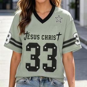 Camiseta de Fútbol Americano de Jesús Cristo, Cuello en V, Malla Transpirable, Unisex, Adulto, Manga Corta, Impresión Sublimada, Nombre del Equipo Personalizado - Product Image 3