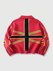 Cárdigan de punto jacquard con cuello polo y cremallera completa para <span class=keywords><strong>hombre</strong></span>, diseño de cruz roja, ajuste holgado, negro, amarillo, verde, estilo urbano, logotipo personalizado - Product Image 2