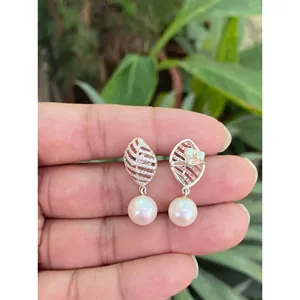 Boucles d'oreilles pendantes en perles d'eau douce naturelles, argent sterling 925, bijoux en perles faits à la main, fournisseur en gros - Product Image 4