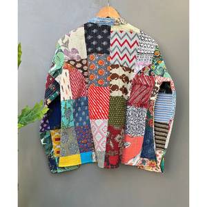 Handmade Reversible Silk Multipatch <b>Jacket</b> for Mom Unique <b>Quilted</b> Cotton Filled Solid <b>Pattern</b> with Custom Logo for Spring - Product Image 5