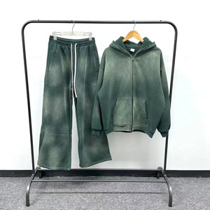 Logo personnalisé pour hommes pantalon de survêtement surdimensionné à fermeture éclair style baggy bas lourds jambe large lavage à l'acide soleil délavé ensemble pour hommes survêtement - Product Image 1