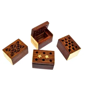 मिनी बॉक्स छोटे लकड़ी के बॉक्स भारतीय हस्तशिल्प नक्काशी के साथ ढक्कन के साथ लकड़ी के बॉक्स और जड़ना काम के लिए भंडारण के साथ एम्बर पीतल कस्टम
