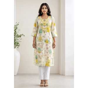 Túnica Informal de Uso Diario para Mujer, Transpirable, de Algodón Tejido, con Estampado Floral Blanco, Cuello Joya, Cintura Holgada, Estilo Étnico Kurta - Product Image 1