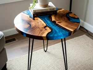 Table à manger en bois d'acacia en résine moderne de luxe faite à la main, résine bleue, imperméable, table de salon, mariage, retraite, Diwali - Product Image 5