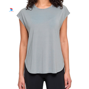 Haute qualité rayure doublé ourlet incurvé t-shirts dames 100% Polyester à manches courtes col rond profond ourlet incurvé t-shirt femmes - Product Image 1