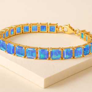 สร้อยข้อมือเทนนิสโอปอลแปดเหลี่ยมสีน้ำเงิน925เงินสเตอร์ลิง14K ชุบทองเครื่องประดับโอปอลไฟ - Product Image 2