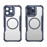 Funda de Teléfono Magnética Antichoque de Fibra de Carbono Semitransparente con Acabado Cepillado, Estilo Urbano, Marco Metálico para Lente y Botones Estéreo, de Moda Actual