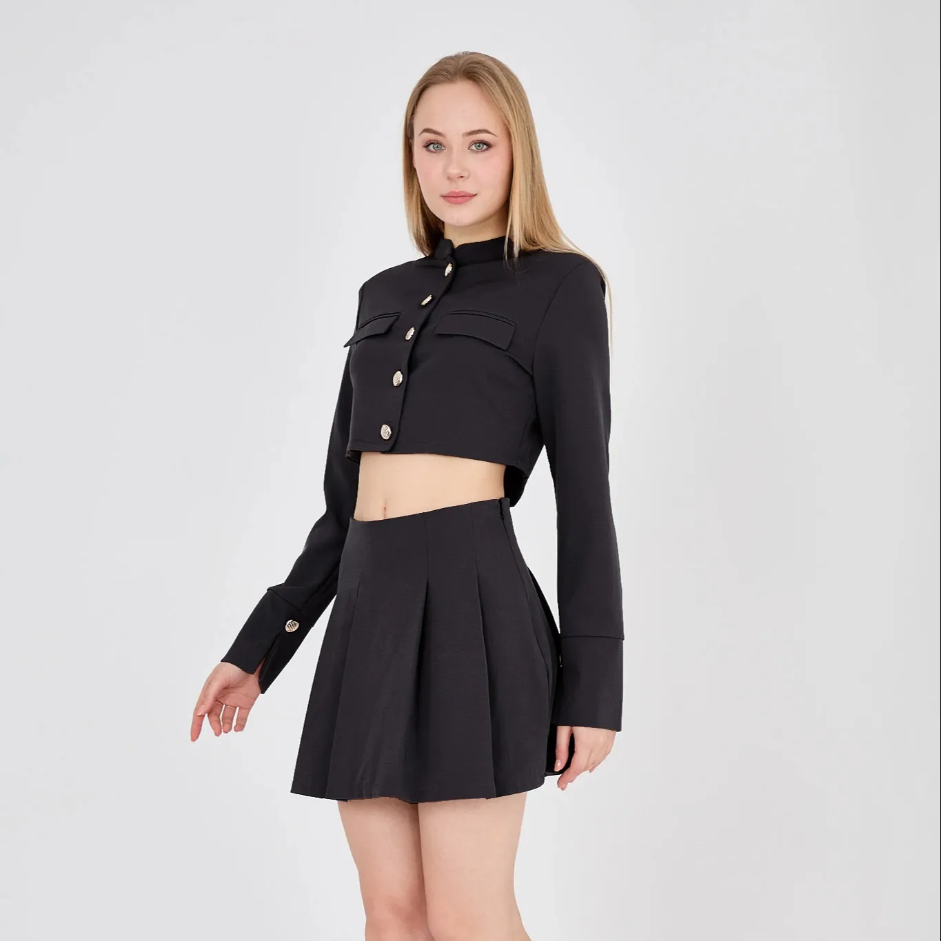 Black Shorts Fabric Skirt and Jacket Set Black Shorts Button Detailed Skirt and Jacket Set