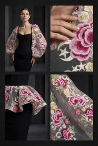 Tissu en tulle tissé léger en polyester noir avec broderie de roses, de lunes célestes et d'étoiles, motif floral rose, pour robes de mariée et jupes - Product Image 5