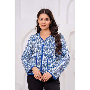 Blue Quilted <b>Jacket</b> Printed Design Autumn/Winter Leather Windbreaker for Ladies Custom Logo Short Length Polyester <b>Sequins</b> - Product Image 6