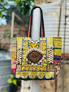 Bohemian Embroidered Cotton Tote <b>Bag</b> With Shell And Mirror Work Panelled Design For Women Shopping - Product Image 1