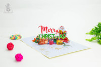 Feliz Navidad texto OEM personalizado 3D Pop-Up Navidad tarjeta de felicitación corte láser papel artesanal con sobre para artesanía regalo de Navidad