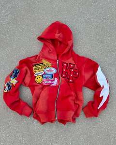 เสื้อฮู้ดดี้ผู้ชายสไตล์วินเทจ ตัดเย็บตามสั่ง ซิปหน้า ปักลาย แอพพลิเค 500gsm แต่งลายปะ หิน หนัก ทรงหลวม ล้างสีแบบแอซิดวอช - Product Image 5