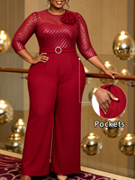 AJS060392 AOMEI Jumpsuit Wanita Ukuran Besar Warna Burgundy Berpayet Jala Lengan 3/4 Saku Bunga 3D Elegan Kaki Lebar untuk Pesta Liburan