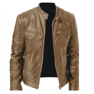 Chaqueta de cuero PU de piel de vaca de talla grande para hombre de estilo callejero, chaqueta ajustada con cuello levantado, solapa de motocicleta antiviento, cremallera Diagonal - Product Image 3