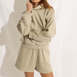 Custom Women Above <b>Knee</b> Solid Knitting Hoodie Short Set Two Piece Outfit Casual Tracksuit Summer Activewear Wholesale - Product Image 5