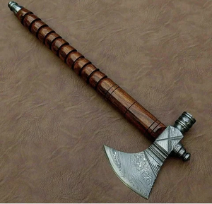 Steel Craft International Handmade Damascus Steel Tomahawk Industrial Grade Viking <b>Axe</b> with Rose <b>Wood</b> Handle and Leather Sheath - Product Image 1