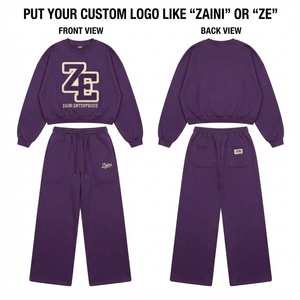 Ensemble de survêtement pour femme en molleton de coton 320 GSM, sweat-shirt court et pantalon large, avec logo chenille violet, personnalisé, style streetwear, tenue décontractée - Product Image 1