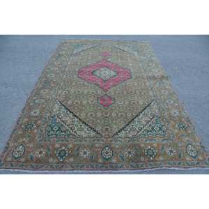 Authentic Large Vintage Turkish Rug 6.2 X 9.5ft Classic <b>Brown</b> Red Patchwork Design <b>Wool</b> Latex Rectangular Hallway for Room Decor - Product Image 1