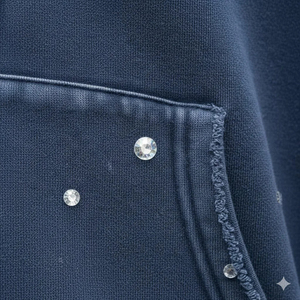 Custom Winter Solid OEM Service Hot Pressing Diamond Cropped Acid Wash Rhinestone 100% Cotton Fleece Quick Dry - Product Image 5