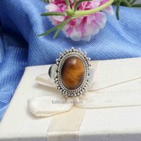 Bague en argent sterling 925 Boho pierre d'oeil de tigre naturelle faite à la main ovale coupe lunette réglage classique bijoux de fête de mariage