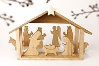 Crèche rustique en bois d'acacia/mangue sculptée à la main, polie, écologique, durable, style ferme, Noël chrétien