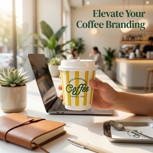 Gobelet à café en papier rayé de marque avec couvercle, vente en gros de gobelets personnalisés pour boissons chaudes pour les cafés spécialisés - Product Image 3
