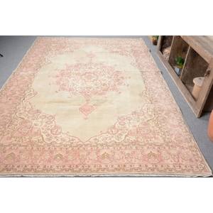 พรมตุรกีโบราณทรงสี่เหลี่ยมผืนผ้าขนาดใหญ่6.9 x 10.6ft คลาสสิกสีชมพูเบจสไตล์แอบสต่อผ้าขนแกะสำหรับตกแต่งห้องโถงห้อง - Product Image 1