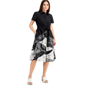 Abito chemisier midi da donna Alfani confortevole con stampa Payton a maniche corte nero XS - Product Image 4