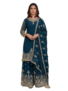 Elegant Dark Blue <b>Silk</b> Salwar Kameez With Gold Embroidery Traditional Pakistani Designer Stitched Suit Floor-Length Women's Wear - Product Image 1