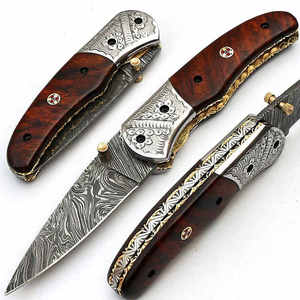 Cuchillo de bolsillo plegable de acero de Damasco personalizado hecho a mano, cuchillos plegables de supervivencia al aire libre - Product Image 2